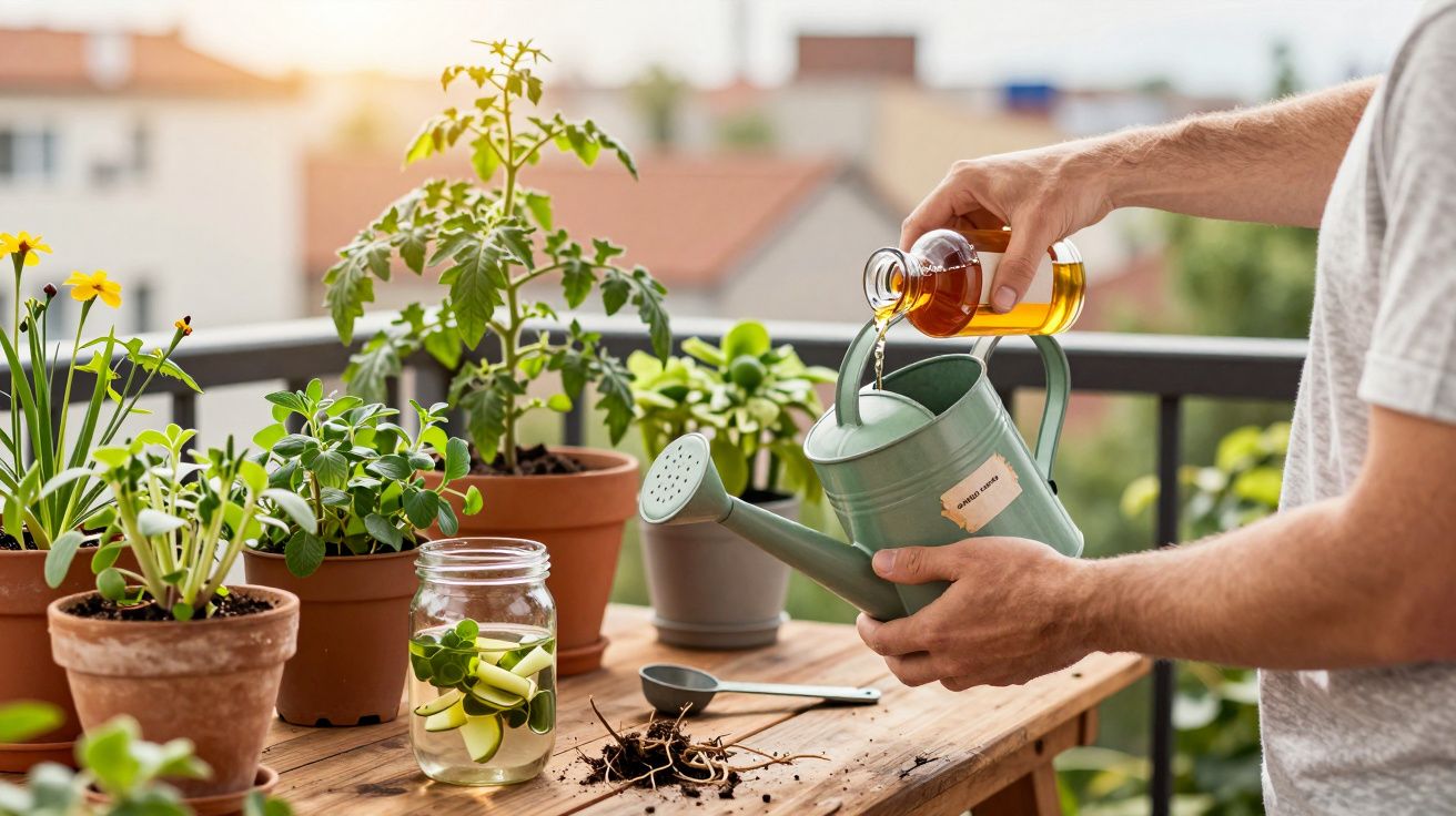 Pessoa a verter óleo para regador numa varanda com plantas em vasos variados sobre uma mesa de madeira.