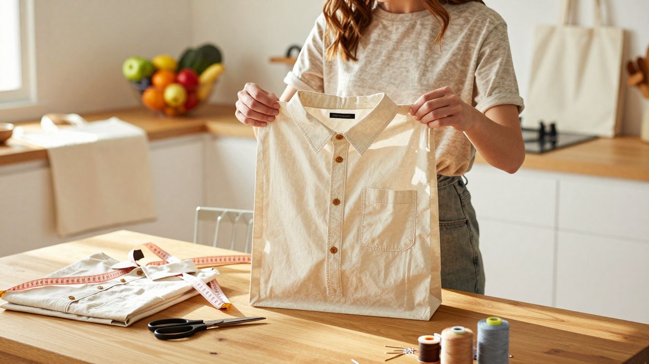 Mulher mostrando saco de papel com forma de camisa numa cozinha moderna, com agulhas e linhas na mesa.