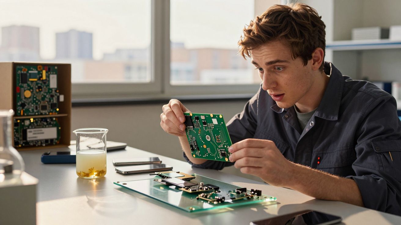Jovem a examinar uma placa eletrónica numa mesa com vários componentes electrónicos e dispositivos móveis.