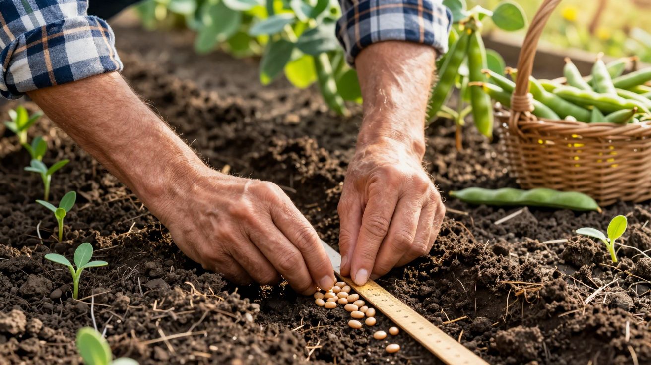 Mãos a plantar sementes alinhadas na terra ao lado de uma cesta com feijões verdes num jardim.
