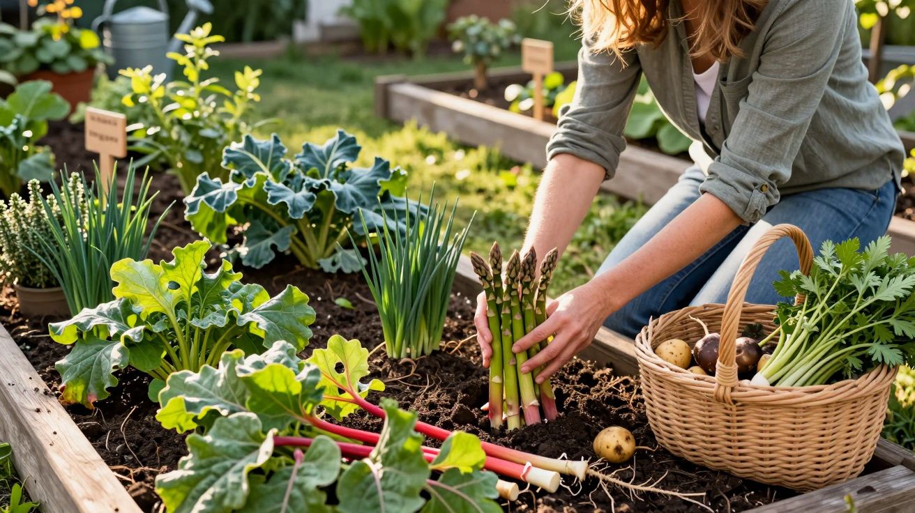 Pessoa a colher espargos num canteiro de jardim com cesta de legumes ao lado.
