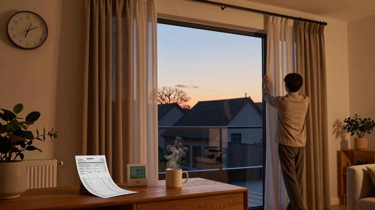 Pessoa a abrir cortinas ao entardecer numa sala com mesa, planta, fatura, termómetro e chá a vaporizar