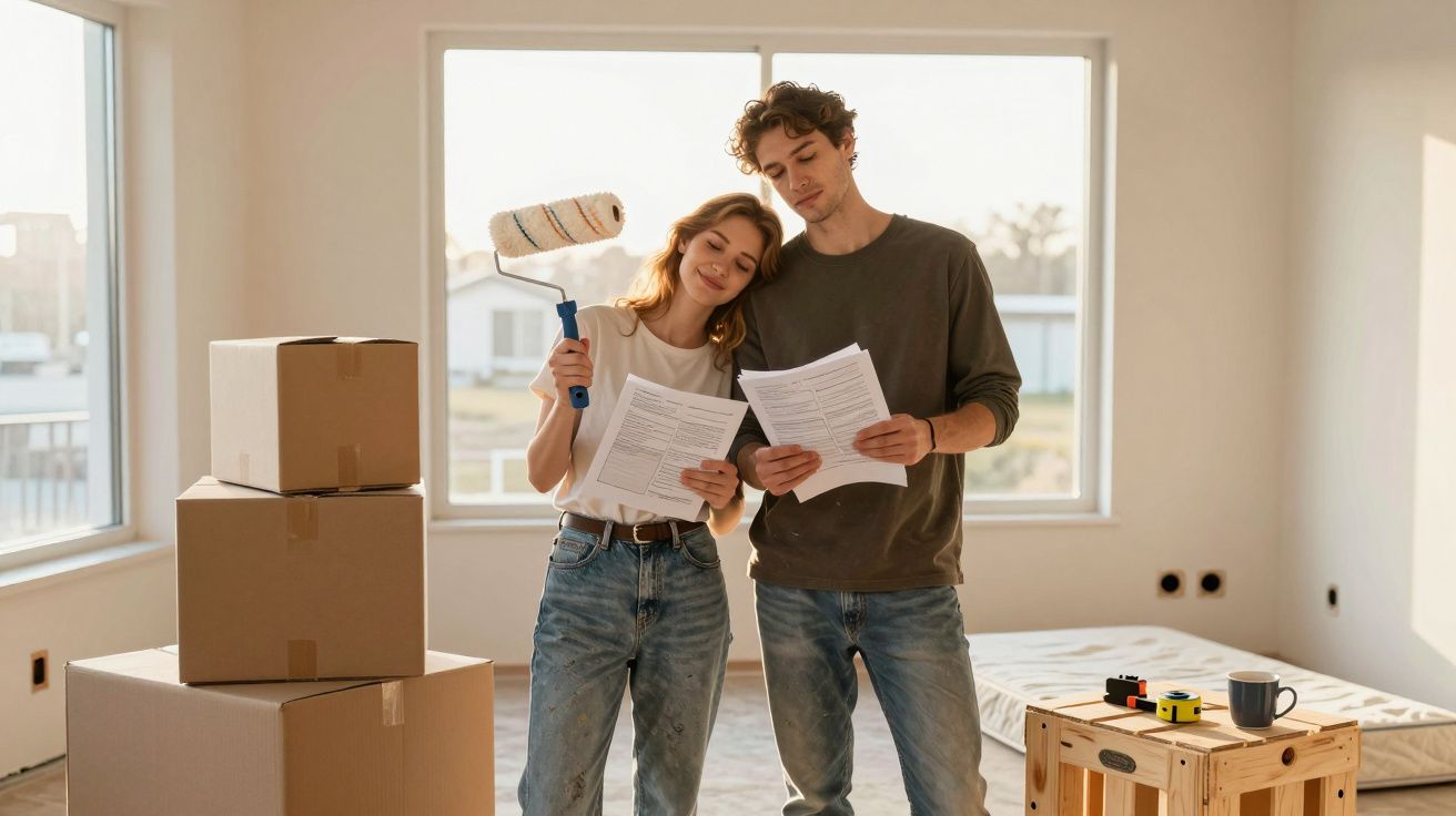 Jovem casal a ler documentos em casa nova com caixas de mudanças e rolo de pintura.