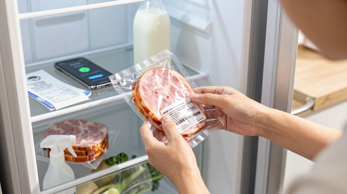 Pessoa a guardar fiambre embalado a vácuo numa porta de frigorífico aberta com vários alimentos.