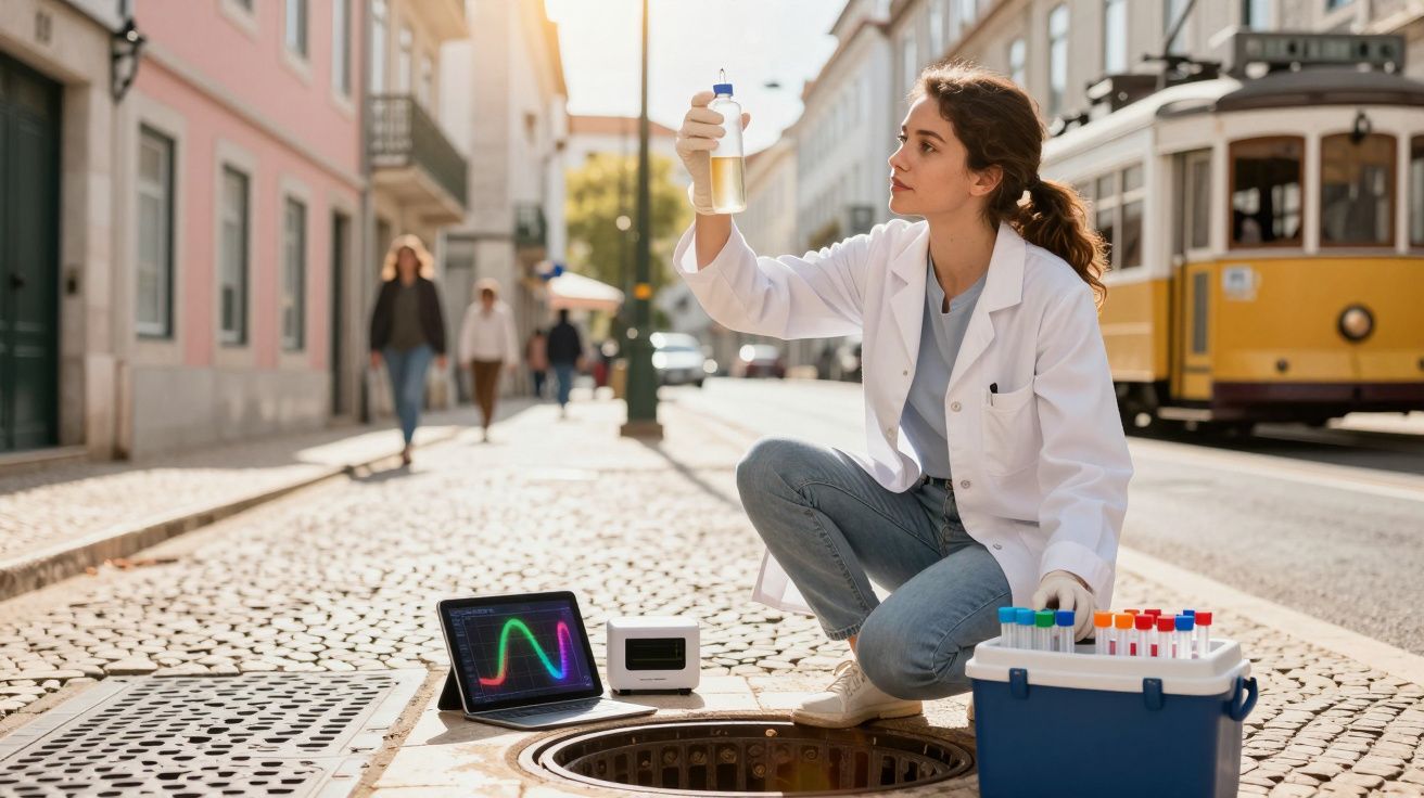 Mulher cientista em roupa branca examina amostra junto a bueiro na rua com eletrodomésticos e elétrico amarelo ao fundo.