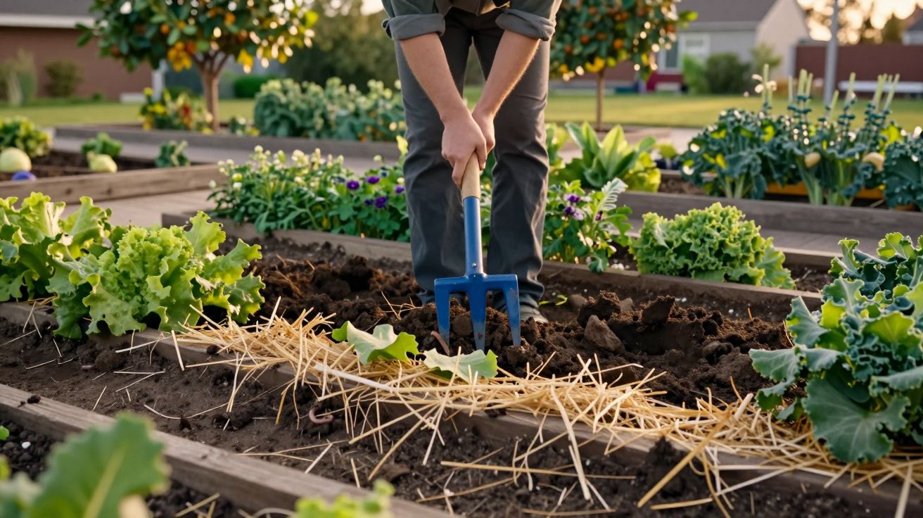 Pessoa a cavar terra num canteiro elevado com plantas verdes e palha espalhada no solo.