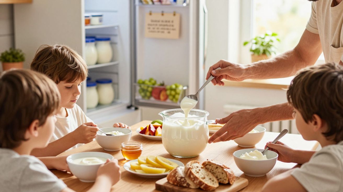 Crianças sentadas à mesa a tomar pequeno-almoço com iogurte, pão, fruta e mel numa cozinha iluminada.