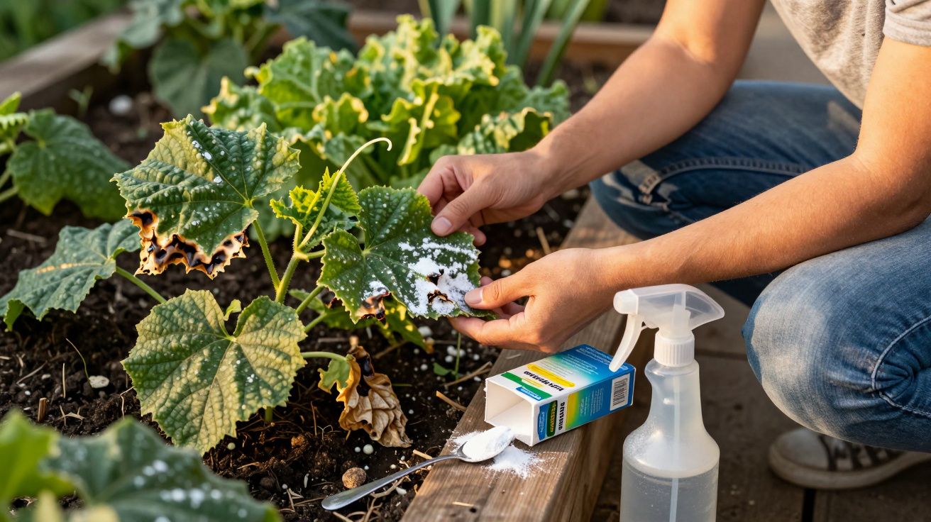 Pessoa a aplicar pó branco em folhas danificadas de plantas num canteiro de jardim.