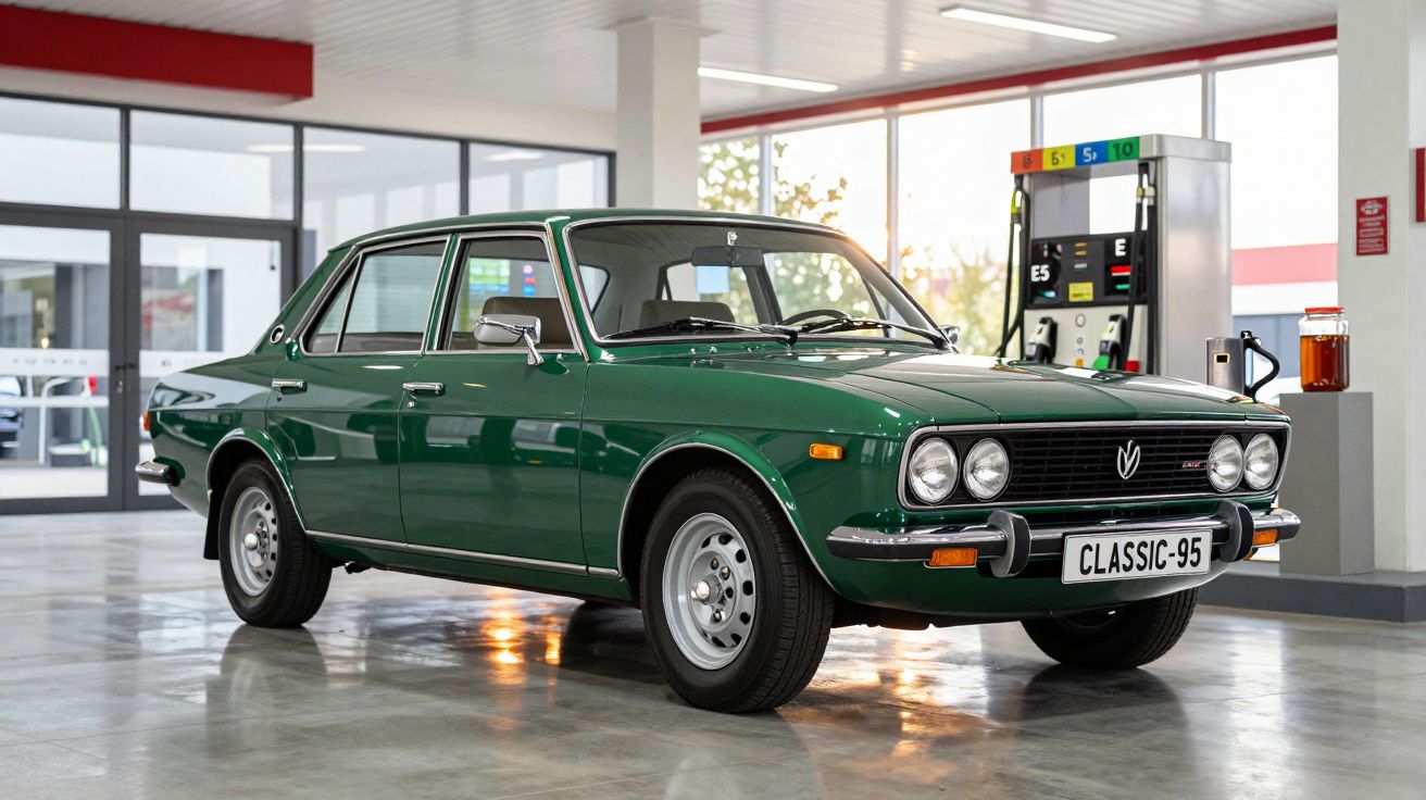 Carro clássico verde estacionado numa bomba de gasolina com painel e galão de combustível ao fundo.
