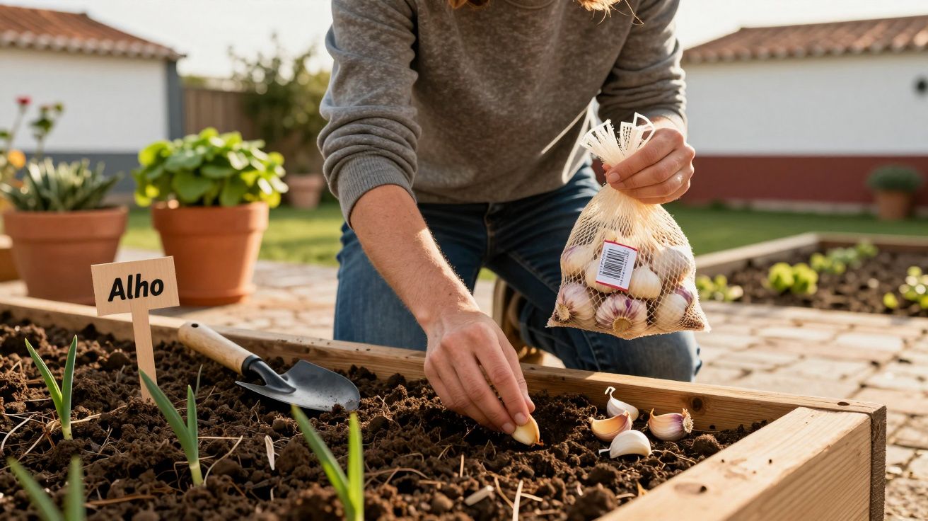 Pessoa a plantar dentes de alho numa pequena horta urbana com canteiro de madeira.