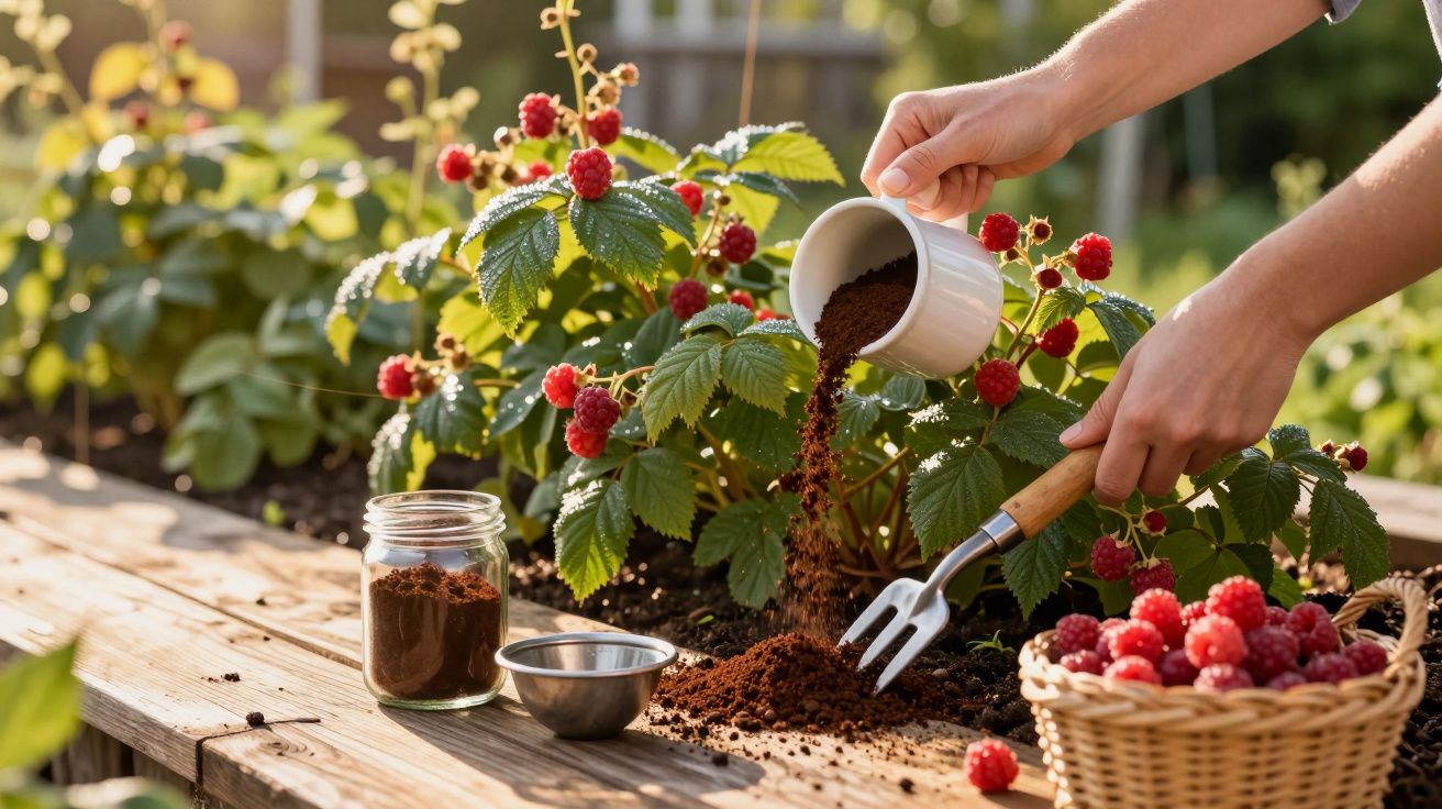 Mãos a adubar planta de framboesas com terra, junto a cesto com framboesas frescas e jarro de vidro.