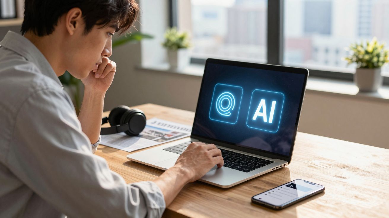 Homem jovem a trabalhar num portátil com ícones de inteligência artificial numa mesa com auriculares e smartphone.