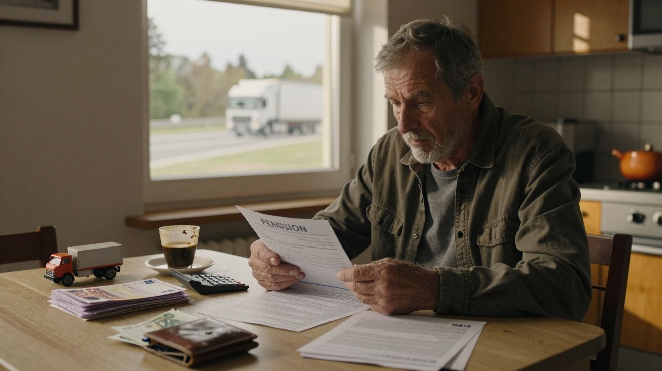 Homem idoso sentado à mesa a ler documentos, com janela e estrada ao fundo, objetos sobre a mesa.