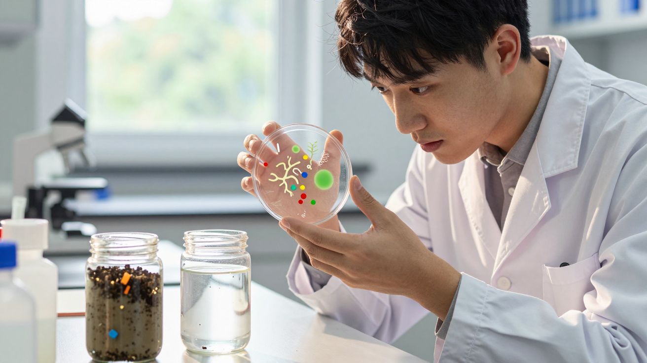 Cientista em laboratório observa placa petri com amostras coloridas, com frascos à frente na bancada.