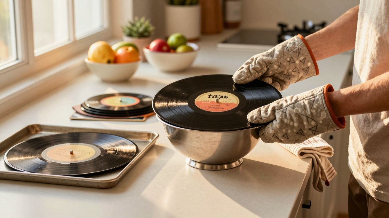 Pessoa a segurar disco de vinil com luvas de cozinha numa bancada iluminada por luz natural.