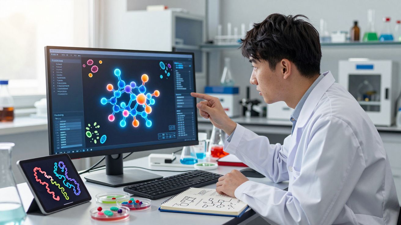 Cientista a analisar estrutura molecular colorida numa tela de computador num laboratório moderno.