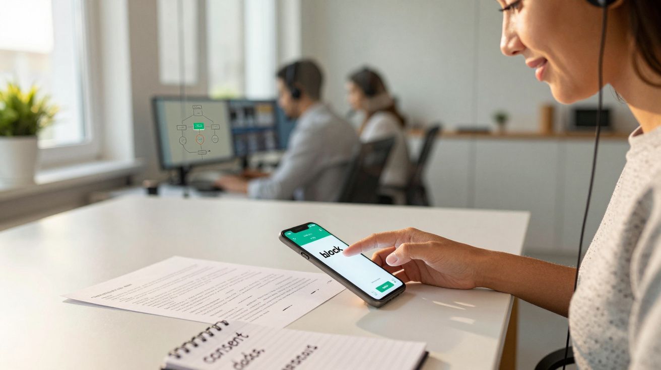 Mulher a usar telemóvel com aplicação aberta, fones e pessoas a trabalhar ao fundo num escritório moderno.