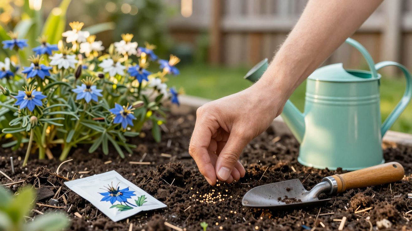 Mão a semear sementes no solo, com flores azuis ao fundo, regador e enxada de jardinagem ao lado.