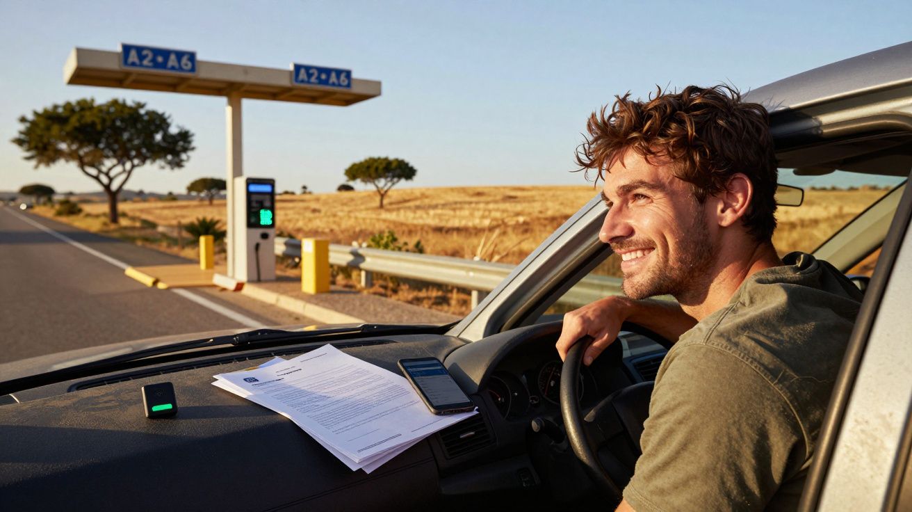 Homem sorridente ao volante de carro parado numa portagem na autoestrada A2-A6 ao entardecer.