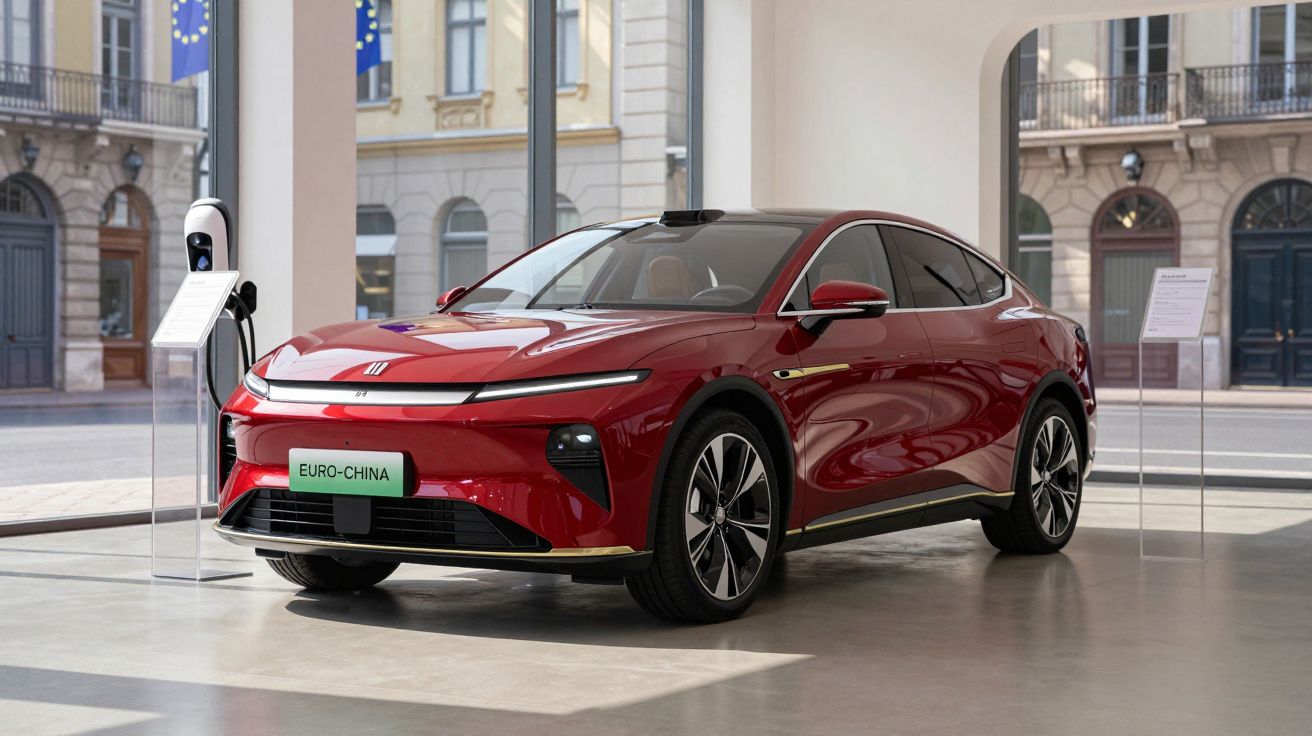 Carro elétrico vermelho moderno estacionado junto a um posto de carregamento numa área urbana.