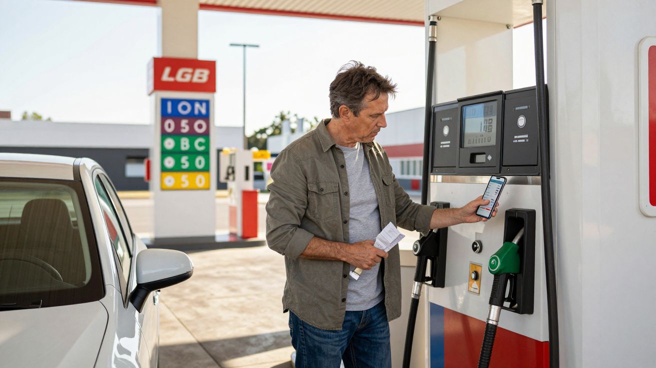 Homem a usar smartphone enquanto abastece carro com gasolina numa estação de serviço.