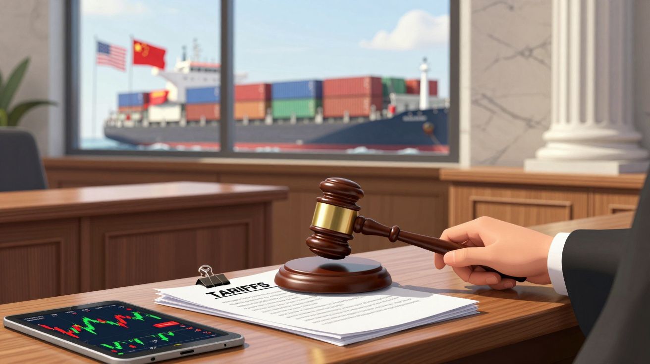 Mão a bater martelo de juiz sobre documentos de tarifas, tablet com gráfico e navio de mercadorias ao fundo.