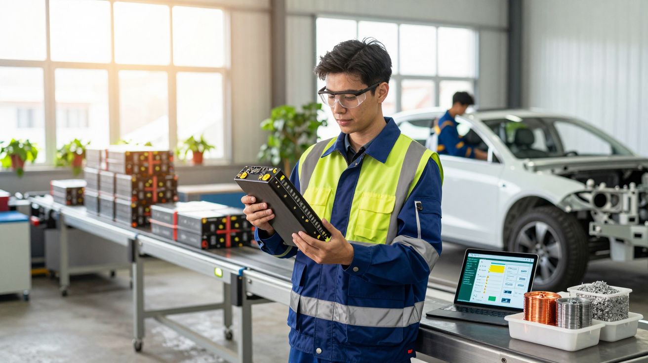 Técnico de segurança com colete reflete sobre componente numa fábrica automóvel moderna.