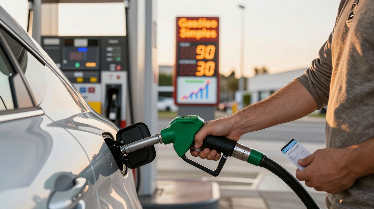 Pessoa a abastecer combustível num carro branco numa bomba de gasolina ao final do dia.