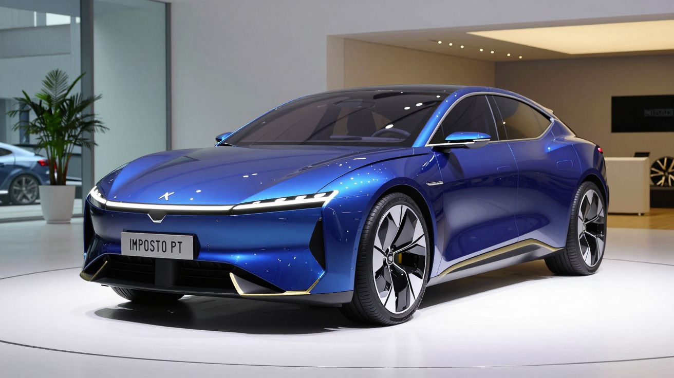 Carro elétrico desportivo azul metálico exibido num salão moderno com iluminação branca.