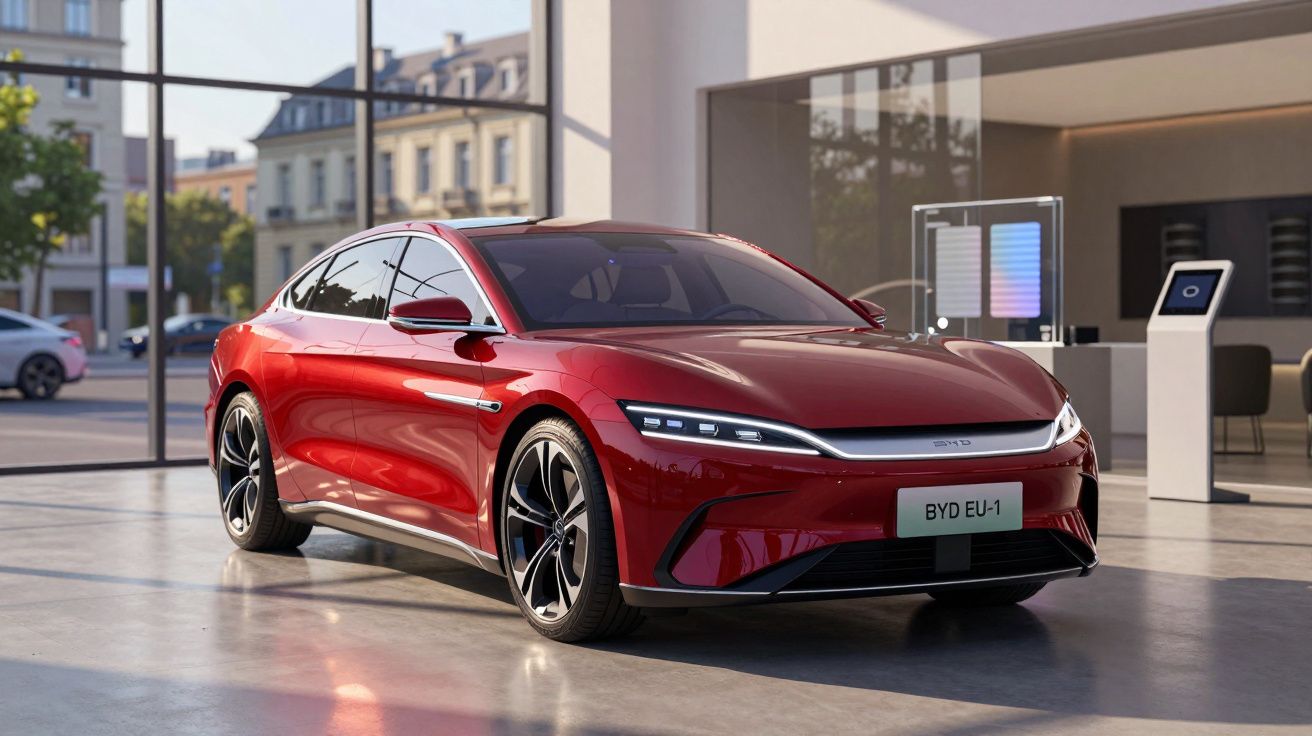 Automóvel elétrico vermelho BYD EU-1 estacionado em showroom moderno com grandes janelas.