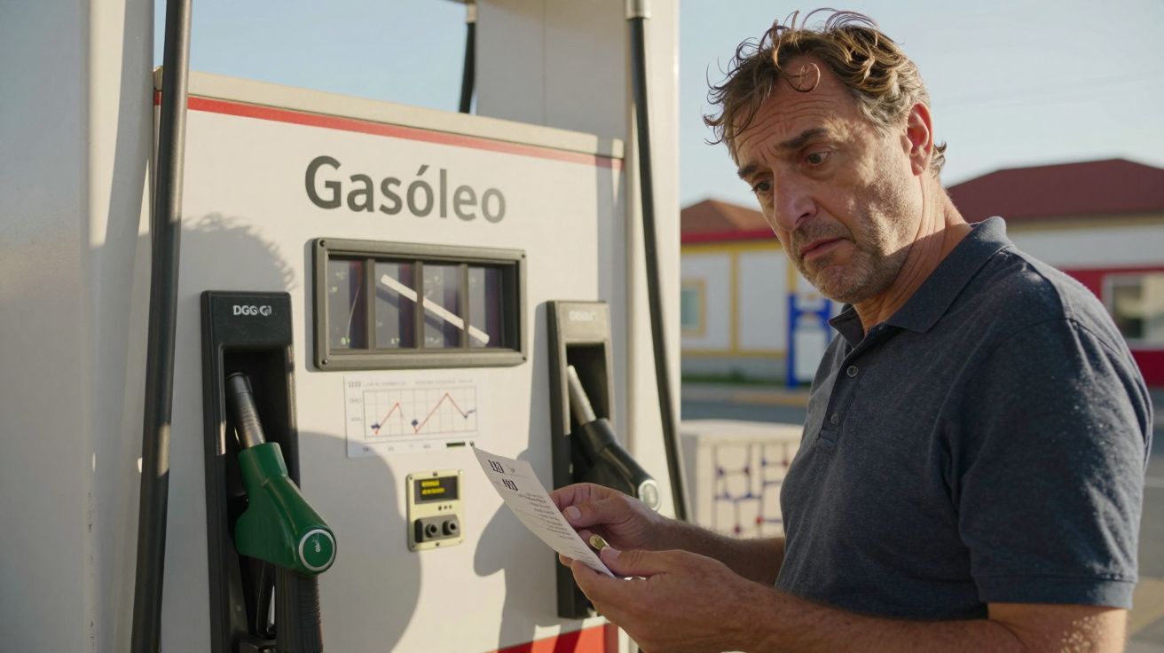 Homem com expressão preocupada consulta conta junto a bomba de gasóleo numa estação de serviço.