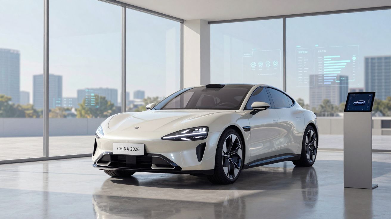 Carro elétrico branco de design moderno numa sala com grandes janelas e ecrã interativo ao lado.