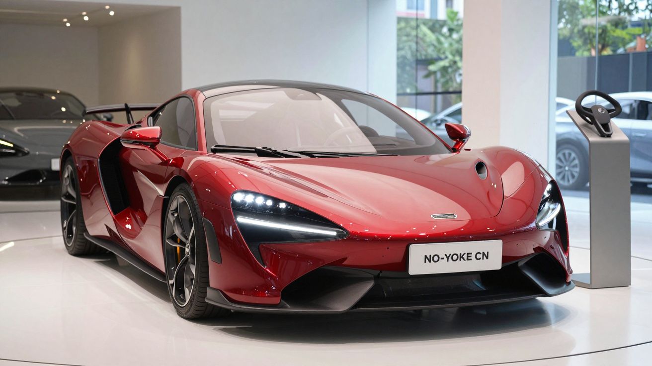 Carro desportivo vermelho brilhante com faróis LED exposto em showroom moderno.