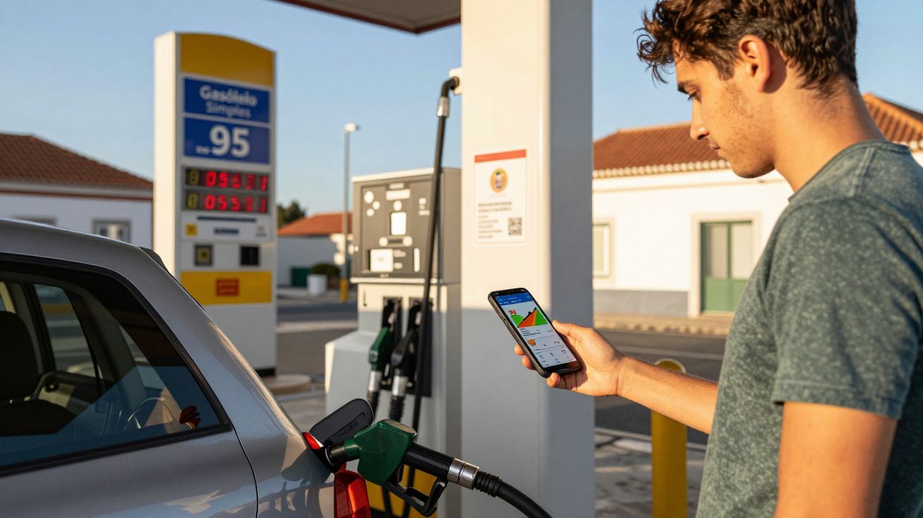 Homem a abastecer carro com gasolina 95 numa bomba enquanto consulta telemóvel numa estação de serviço.
