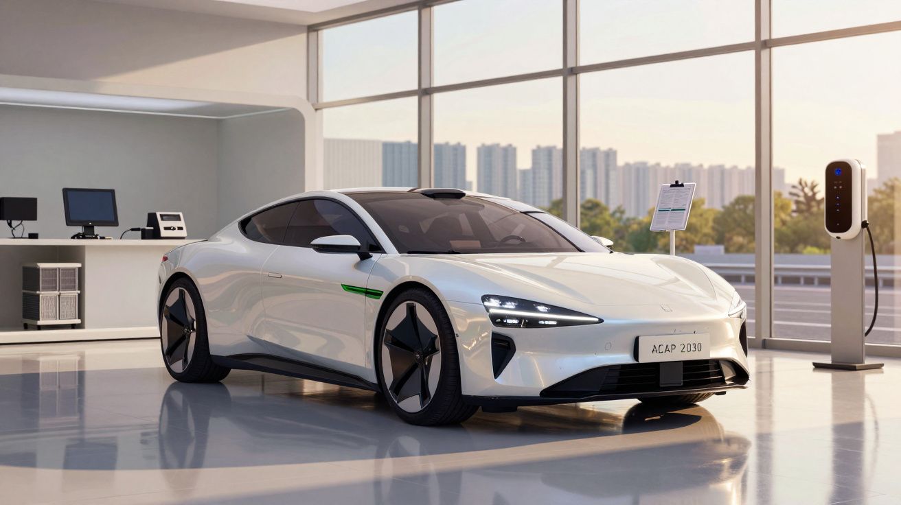 Carro elétrico desportivo branco estacionado numa garagem moderna com carregador elétrico junto a ele.