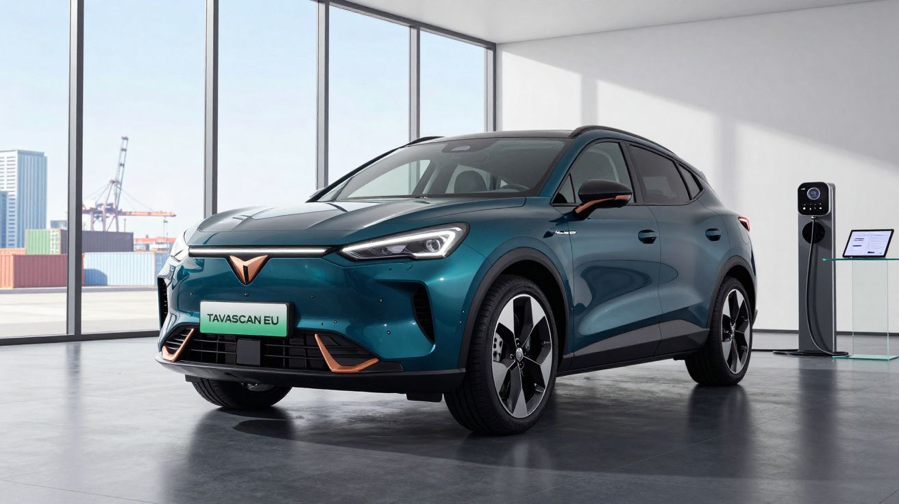 Carro elétrico Cupra Tavascan azul em exibição num espaço moderno com carregador elétrico ao lado.