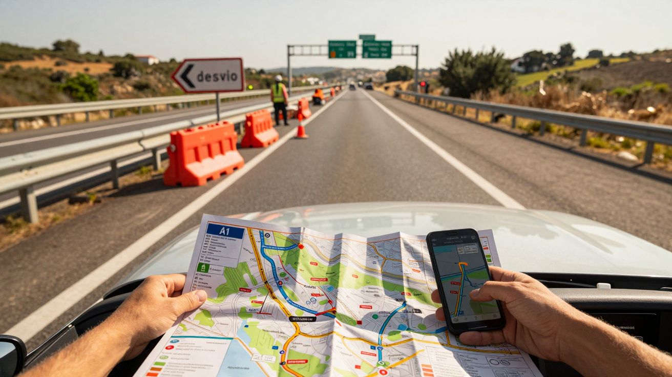 Mãos segurando mapa e telemóvel no capô de um carro numa autoestrada com sinal de desvio e cones de trânsito.