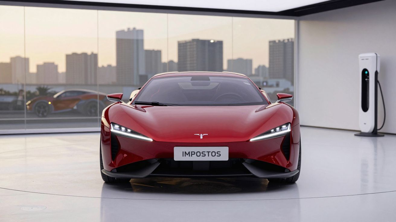 Carro desportivo vermelho elétrico estacionado em garagem moderna com carregador elétrico e cidade ao fundo.