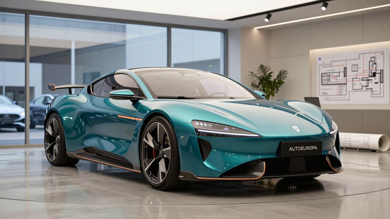 Carro desportivo elétrico verde azul em exposição moderna com piso refletor e plantas decorativas.