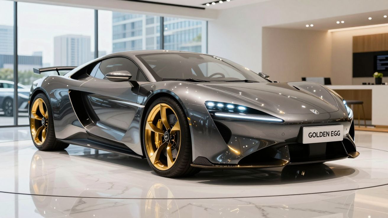 Carro desportivo cinzento metálico com rodas douradas em exposição numa sala moderna e iluminada.