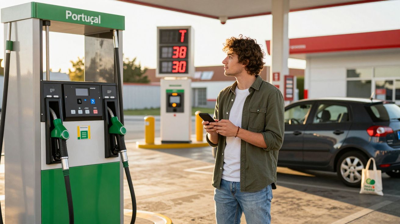 Homem de pé numa bomba de gasolina, a olhar para o painel de preços, segurando um telemóvel numa estação de serviço.