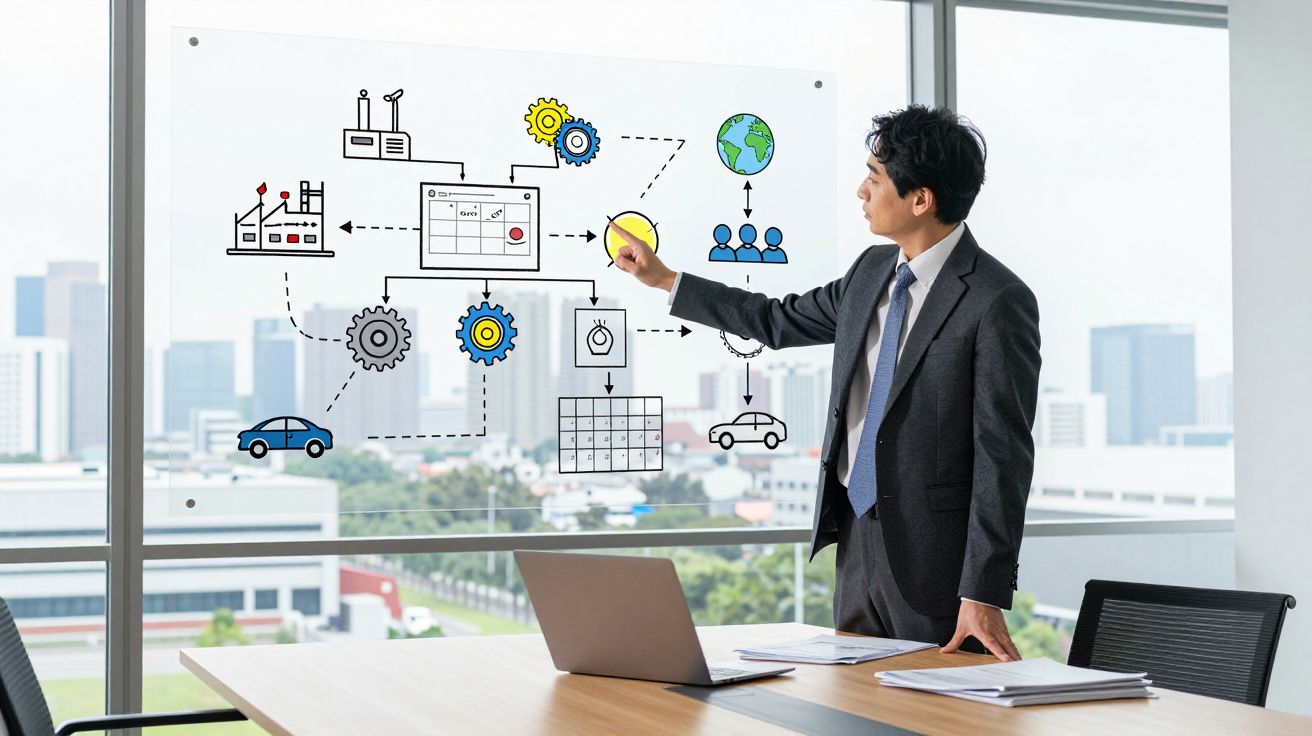 Homem de negócio em escritório apresenta fluxo de trabalho desenhado numa grande janela de vidro.