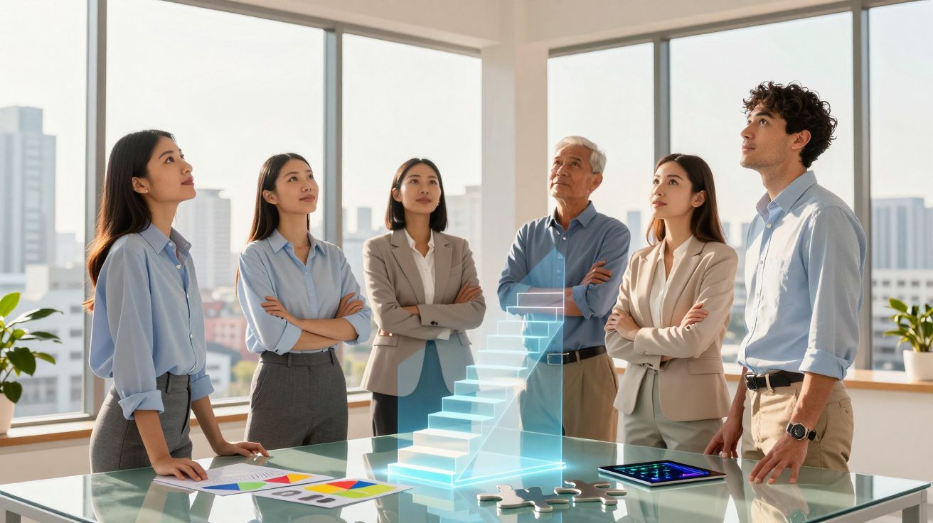 Equipa multicultural observa holograma de escada 3D numa sala de reuniões com janelas panorâmicas.