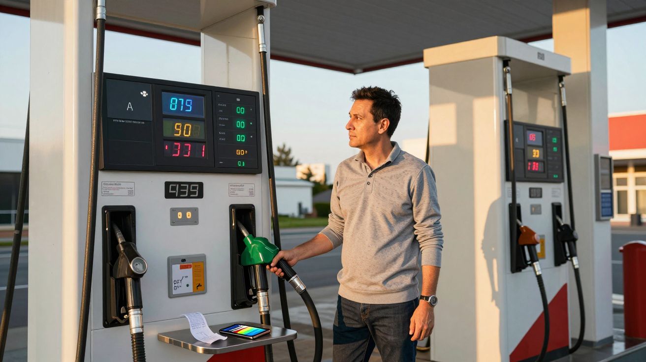 Homem a abastecer carro com gasolina numa bomba numa estação de serviço ao entardecer.