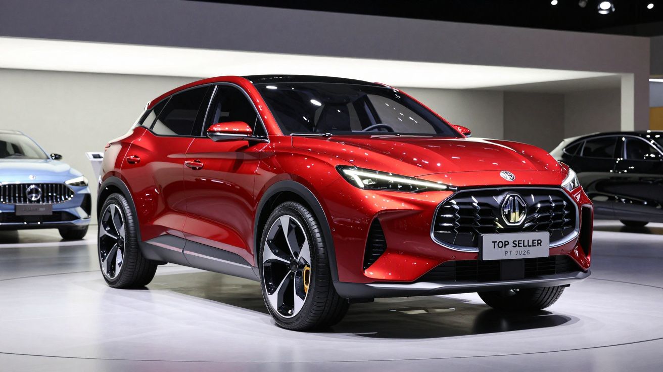 Carro vermelho SUV MG exposto em salão automóvel com placa "Top Seller PT 2026"