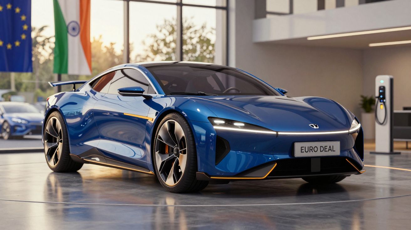 Carro desportivo elétrico azul estacionado numa sala com carregador ao fundo e bandeiras da UE e Índia.