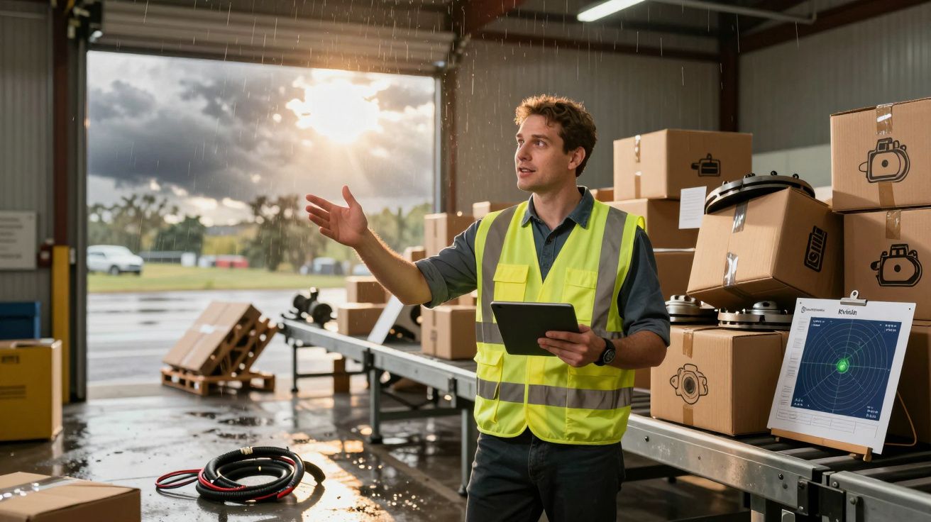 Trabalhador em colete refletor numa armazém com caixas e equipamentos sob luz do sol após chuva.