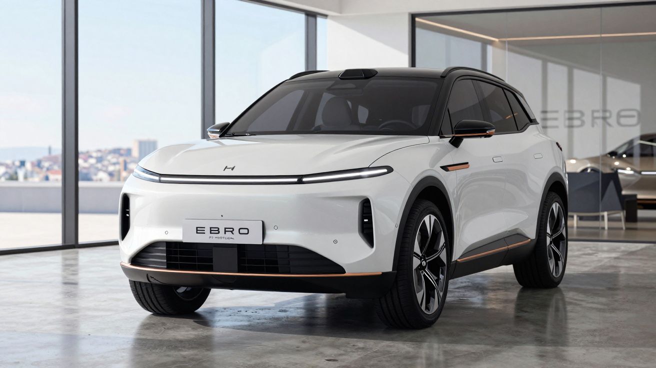 Carro elétrico branco modelo Ebro com design moderno estacionado em ambiente interior com janelas grandes.