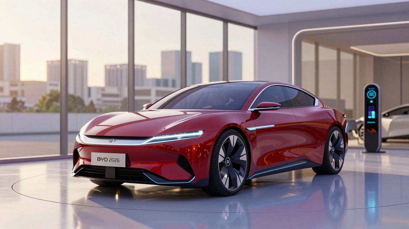 Carro elétrico desportivo vermelho estacionado numa garagem moderna com cidade ao fundo ao pôr do sol.