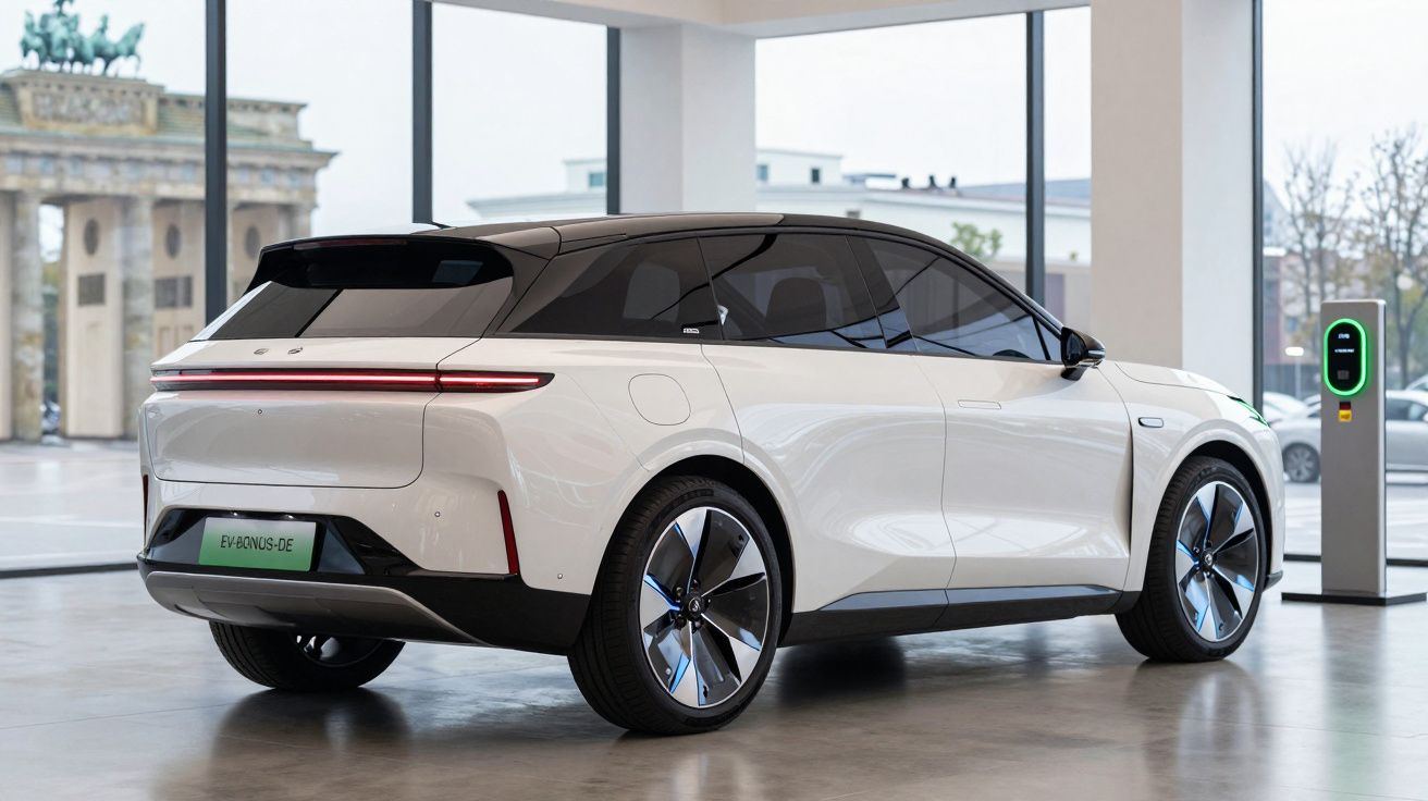 Carro elétrico branco moderno numa exposição com carregador elétrico e monumento histórico ao fundo.